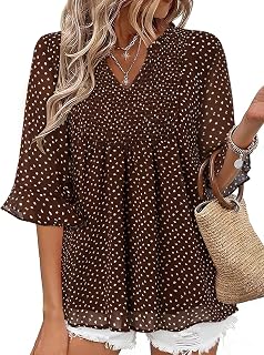 Bulotus Womens Tops Dressy Casual 3/4 Ruffle Sleeve Chiffon Fall Blouses Business Casual Flowy V Neck Shirts