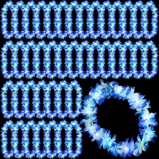 Sherr 24 Pcs LED Blue Leis Light Up Wedding Hawaiian Leis Flower Necklace with LED Lights Beach Tropical Carnival Party Wedding Supplies Luau for Masquerade