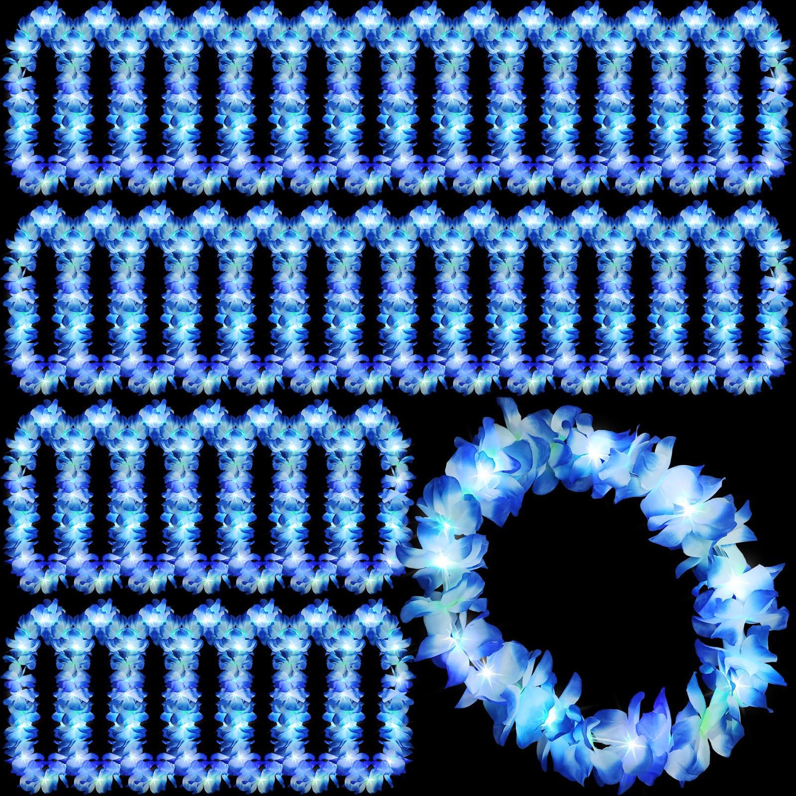 Sherr 24 Pcs LED Blue Leis Light Up Wedding Hawaiian Leis Flower Necklace with L