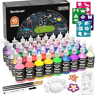 Shuttle Art Fabric Paint Set, 45 Colors 3D Permanent Paint with Brushes Palette Pen Fabric Sheet Stencils, Glow in The Dark, Glitter,Metallic Colors for Textile Fabric T-shirt Jeans Glass