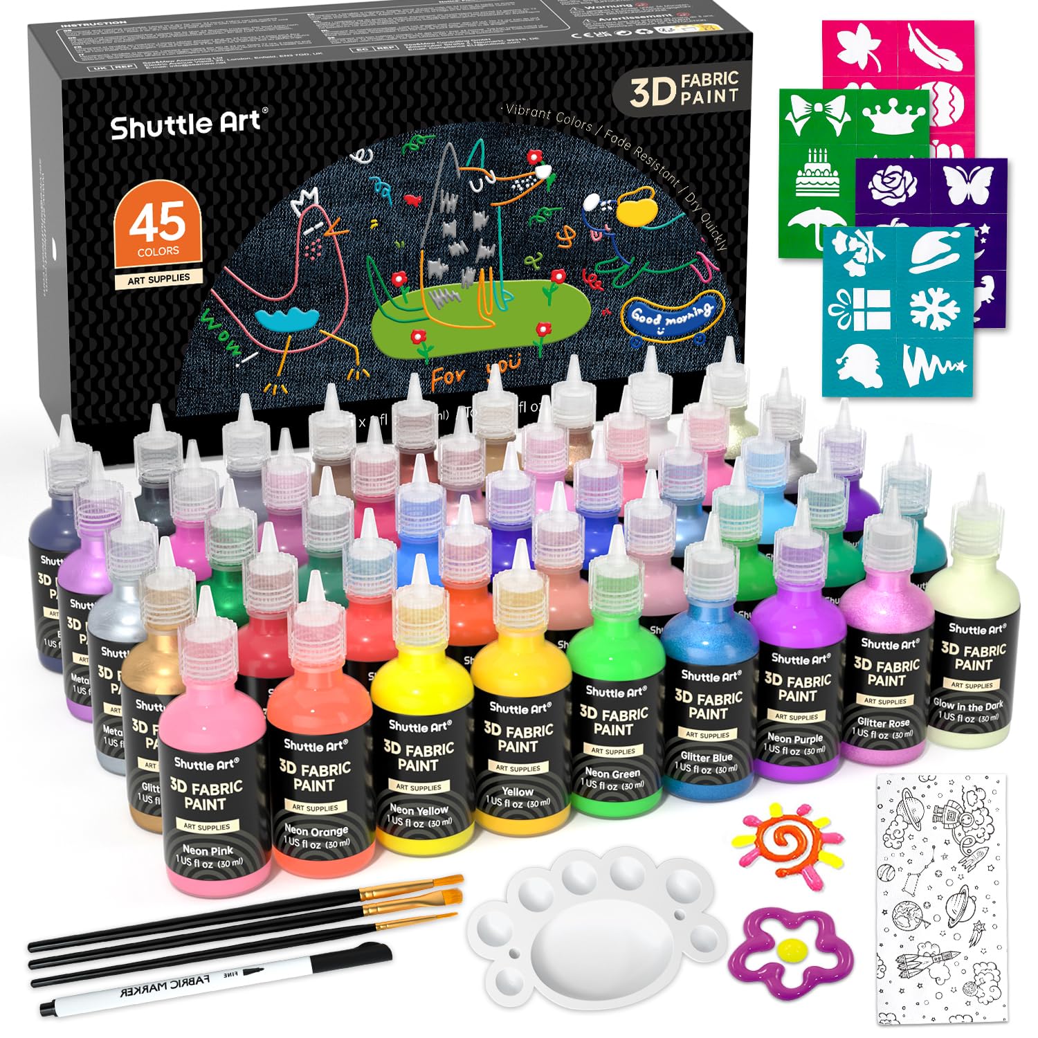 Shuttle Art Fabric Paint Set, 45 Colors 3D Permanent Paint with Brushes Palette 