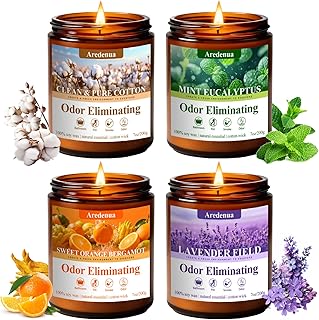 Aredenua 4-Pack Odor Eliminating Candles, 28 oz Soy Scented Candle | Eliminates 95% of Pets, Smoke, Food and Bathroom Odors, 200 Hour Burn, Air Fresh Scent of Lavender,Orange,Mint,Cotton