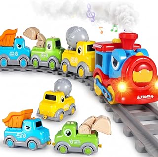 iPlay, iLearn Toddler Train Toy Set, Kids Magnetic Steam Train Ages 1-3 2-4 | Electronic Construction Trucks, Light Sound Musical Choo Choo Train Tracks, 1st Birthday Gift for 12 18 Months Boy Girl Child