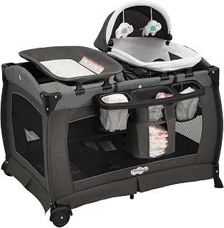 Pamo Babe Pack and Play 4-in-1 Baby Playard with Bassinet &amp; Changing Table, Foldable Portable Playpen with Mattress, Travel Crib for Newborn to Toddler 0-36M-Black