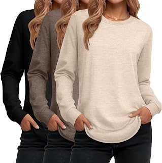Ficerd Pack of 3 Women's Long Sleeve Tunic Round Neck Cotton Loose Fit Casual Curved Hem T-Shirts