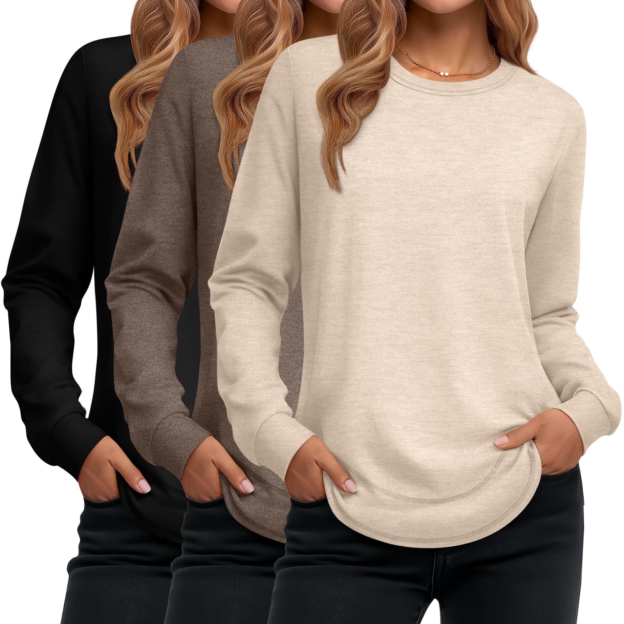 Ficerd Pack of 3 Women's Long Sleeve Tunic Round Neck Cotton Loose Fit Casual Cu