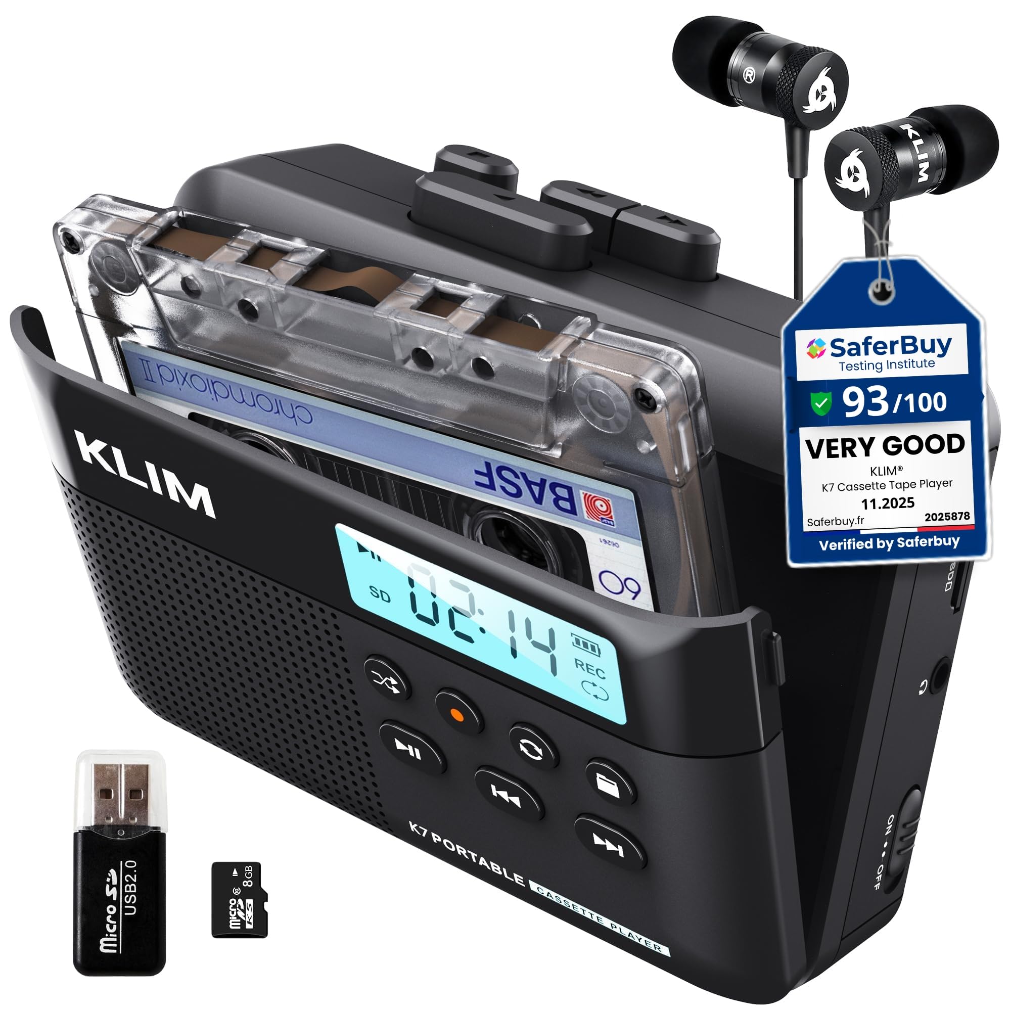 K7 Cassette Player, Converts Tapes to Digital, Built-in Mic, 8GB SD Card | Porta