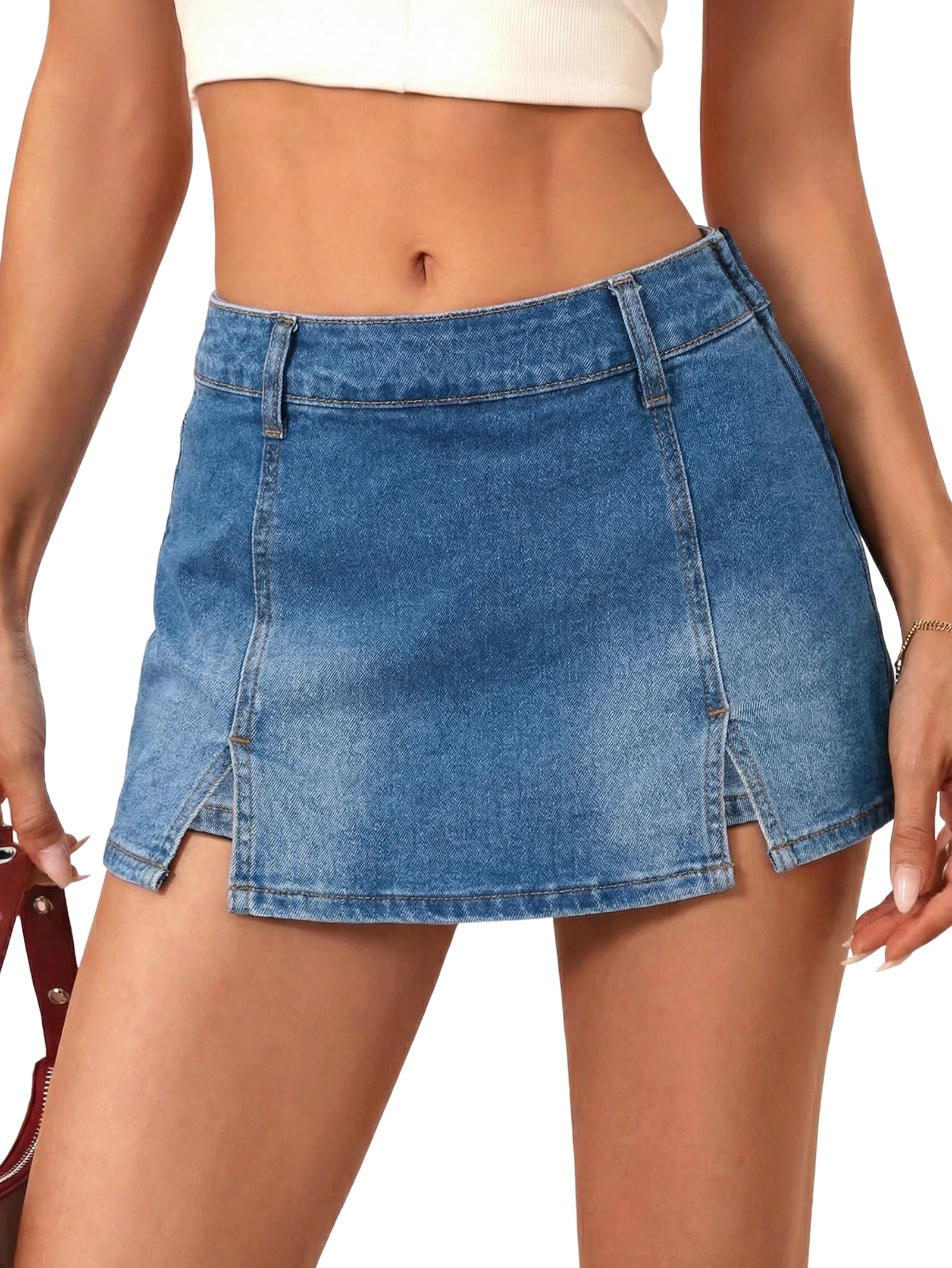 EMMIOL Denim Mini Skirt for Women - Mid Waisted Stretch Side Zipper Skort Y2k Ca