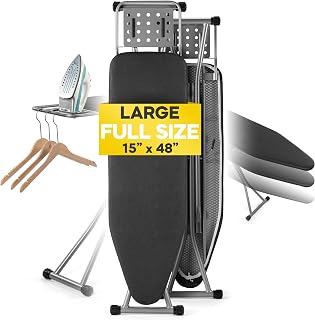 BKTD Full Size Ironing Board 57" L X15 W, Large Wide Sturdy Ironing Board with Iron Rest, Foldable Adjustable Iron Board with Heat Resistant Cover, Enhanced Stability (Silver Black)
