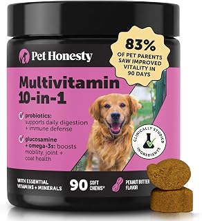Pet Honesty Vet Recommended 10-in-1 Dog Multivitamin, 90 Ct, Peanut Butter | Science-backed dog vitamins and supplements, supports joint, digestive, skin & immune health, with glucosamine & probiotics