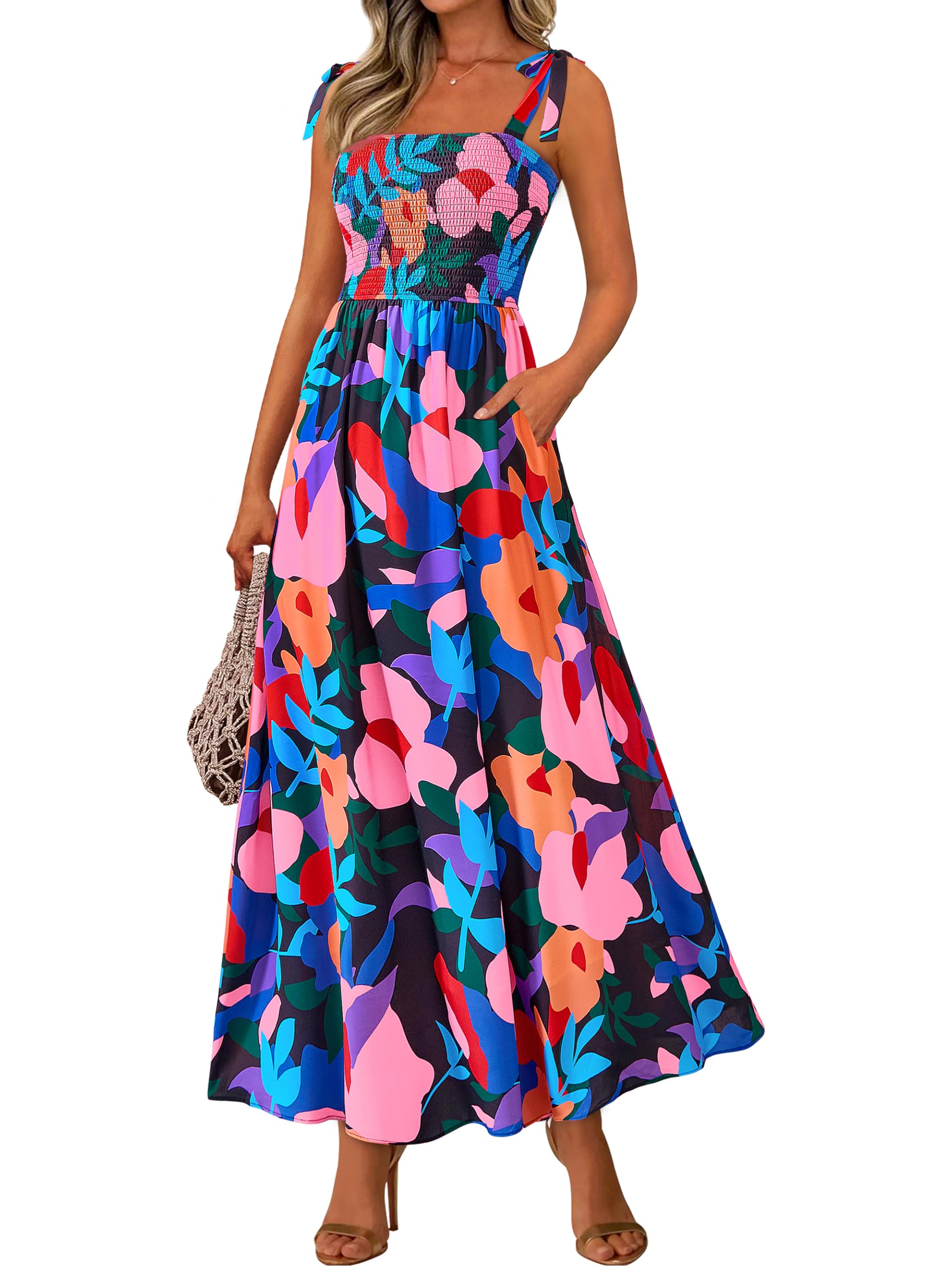 PRETTYGARDEN Womens Summer Dress Floral Smocked Maxi Dresses Beach Sundress