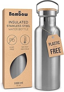 Bambaw Insulated Stainless Steel Water Bottle 1l for Hot & Cold Drinks, 1ltr Insulated Water Bottle Metal, Wide Mouth Fits Tea Infuser, Lightweight & Easy to Carry for School or Gym (Natural Steel)