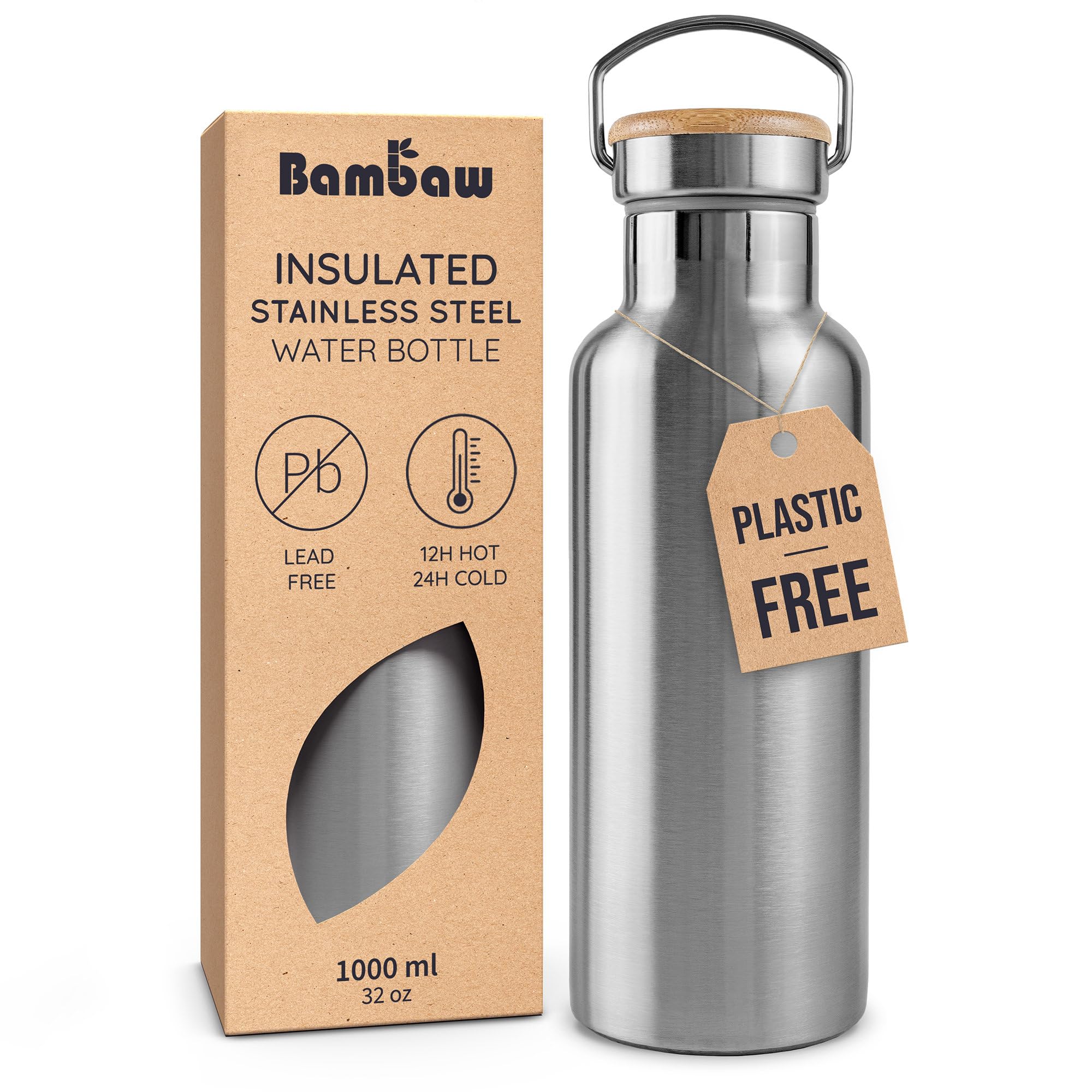 Bambaw Insulated Stainless Steel Water Bottle 1l for Hot & Cold Drinks, 1ltr Ins