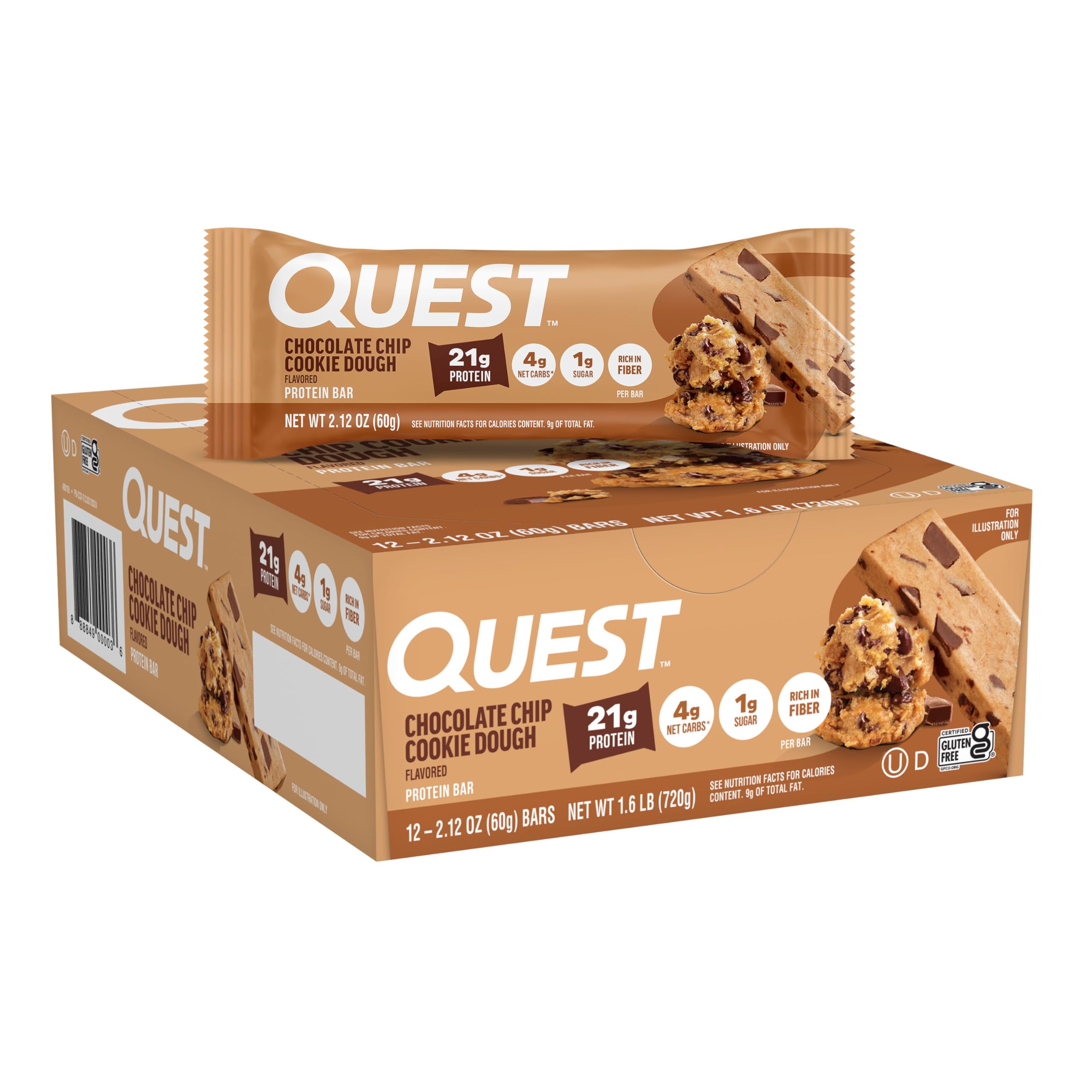 Quest Nutrition Chocolate Chip Cookie Dough Protein Bars, High Protein, Low Carb