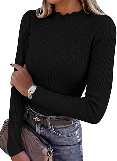 ANRABESS Long Sleeve Shirts for Women Mock Neck Ribbed Slim Fit Fall Tops