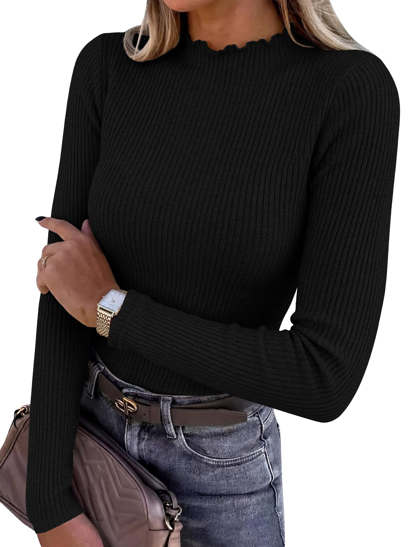 ANRABESS Long Sleeve Shirts for Women Mock Neck Ribbed Slim Fit Fall Tops