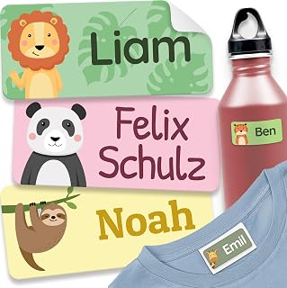melu kids® Namensaufkleber für Kinder - Kita/Schule (60 Stk, Dschungel) | Machine washable name tags for clothes and items, personalised name labels, self-adhesive