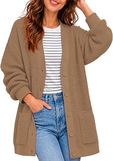 QUALFORT Cardigan boutonné 100% Coton avec Poches pour Femme, Camel, XL