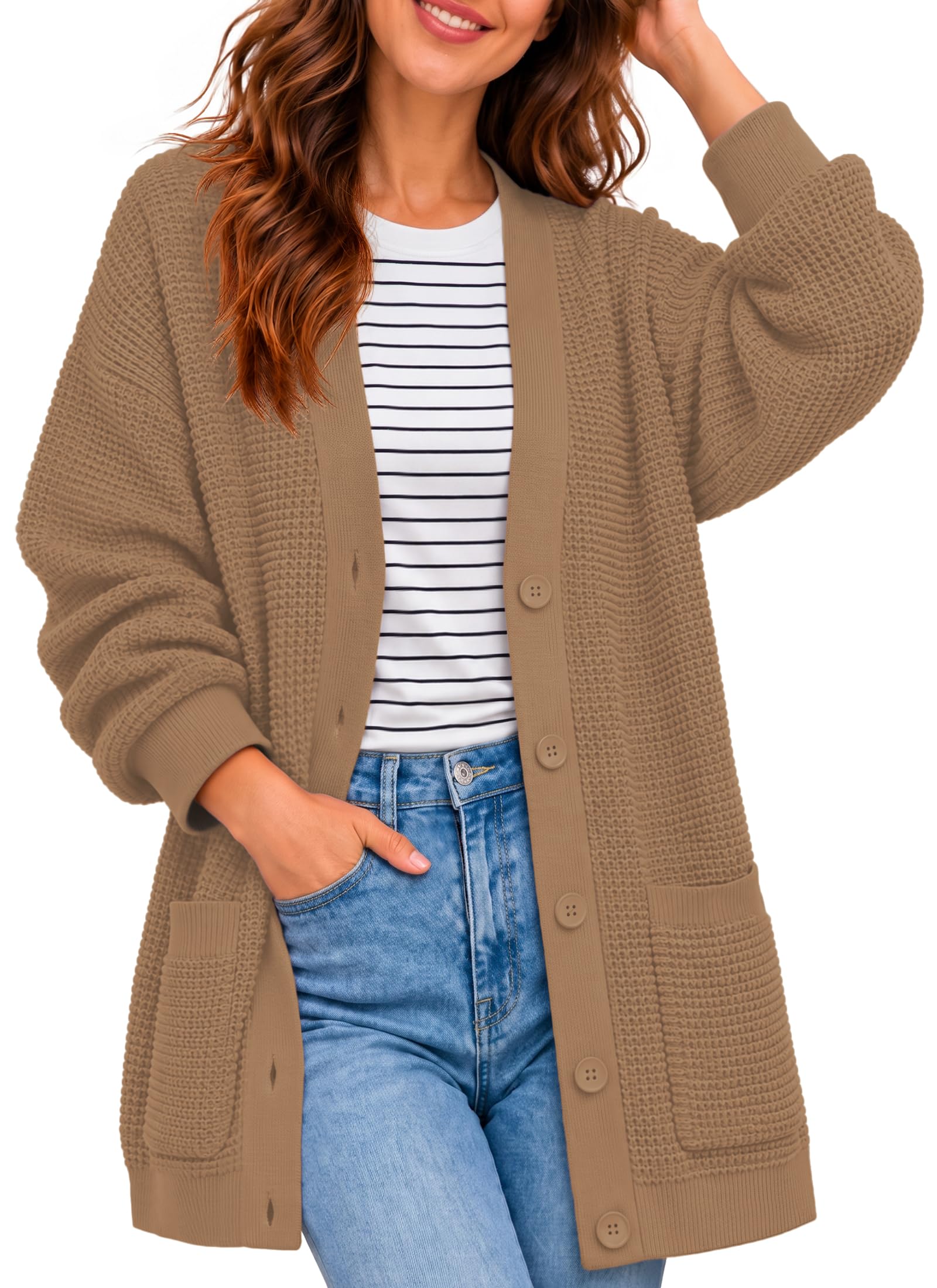 QUALFORT Cardigan boutonné 100% Coton avec Poches pour Femme, Camel, XL
