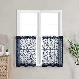 OWENIE Curtain, Furman Navy Blue, Sheer, 24 Inch Length, 2 Panels Set, Light Filtering, Jacquard Rod Pocket, Kitchen Cafe, Small Window Half Curtain Tier, 2 Pcs