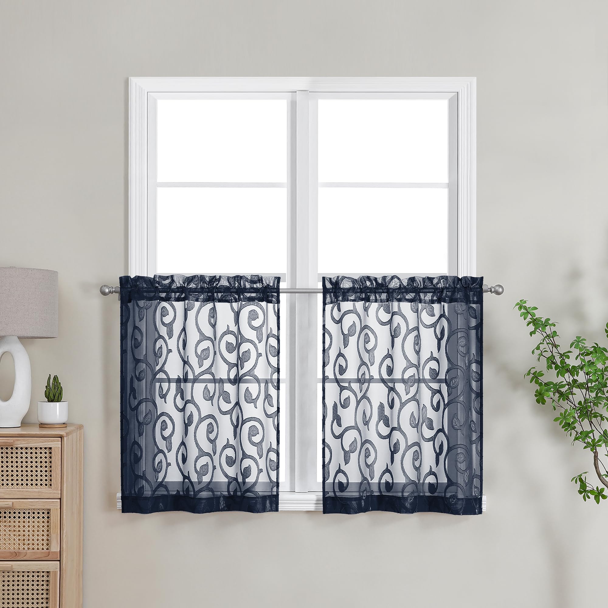 OWENIE Curtain, Furman Navy Blue, Sheer, 24 Inch Length, 2 Panels Set, Light Fil