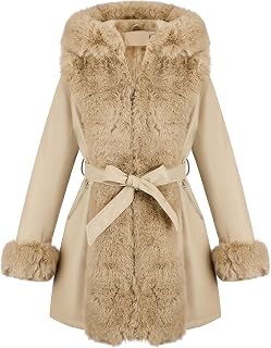 RISISSIDA Luxurious Fur Lined Leather Jacket Women Winter Coat with Hooded Long Fur Collar, Thick Warm Heavy Overcoat Belted