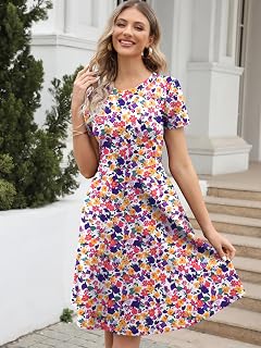 DJ162-5 Women's Elegant Vintage Floral Print Summer Dress with Pockets