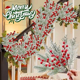 4 Pieces Artificial Pine Branches Snowflake Shape with Red Berries for Christmas Tree Party Decoration (Style 2.2 x 12.5cm)