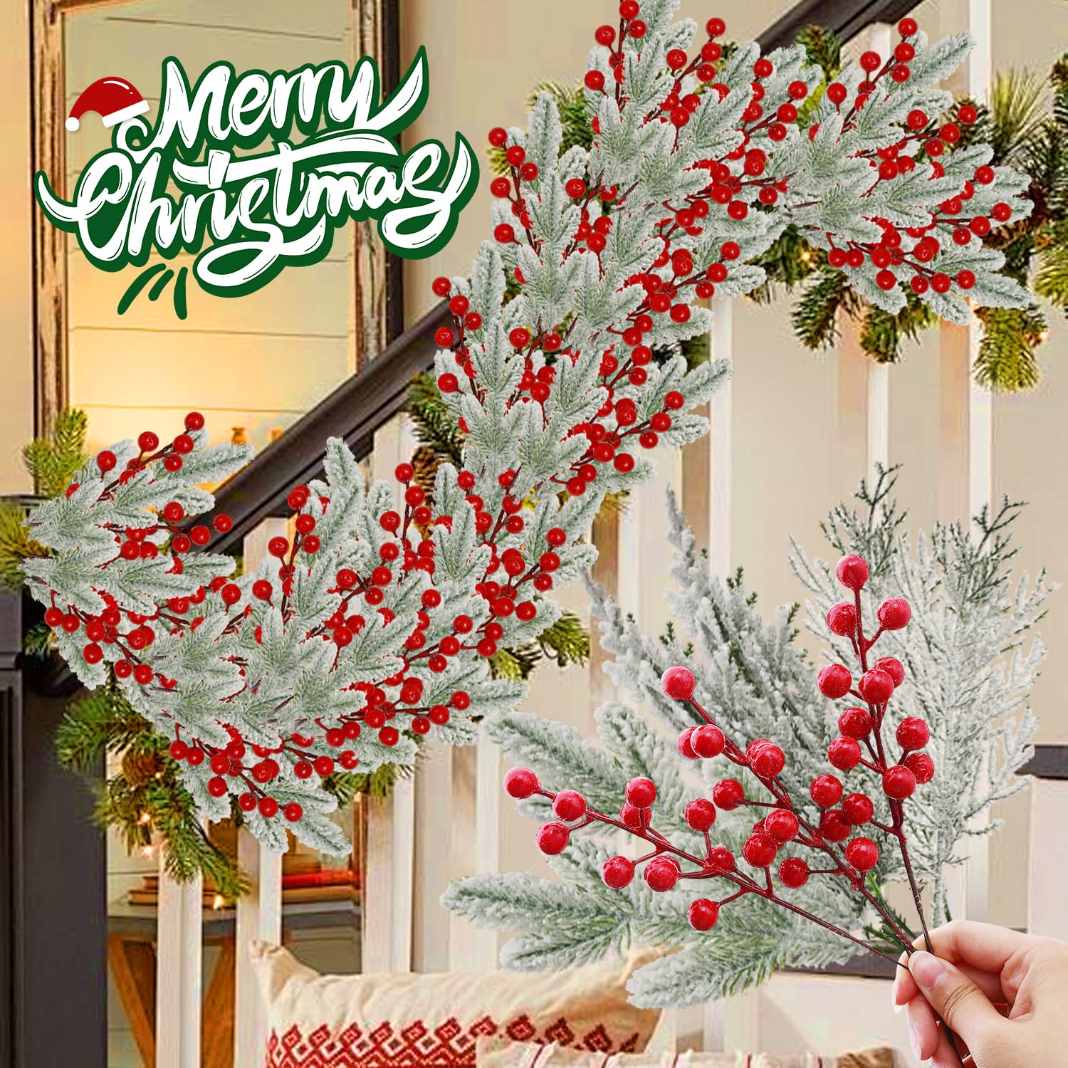 4 Pieces Artificial Pine Branches Snowflake Shape with Red Berries for Christmas