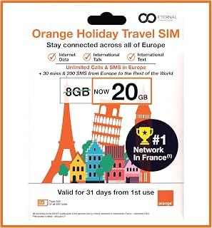 Preloaded Orange Travel Sim Card Now with 20GB of 4G Data, Unlimited Calls & SMS in Europe, 30 mins & 200 SMS from Europe to Worldwide (Lasts for 31 Days). Tethering Allowed