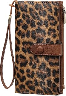 GOIACII Womens Wallets Large Capacity Credit Card Holder RFID Blocking Leather Wallet Wristlet Ladies Clutch Purse Leopard Print