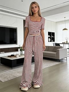 Women’s Striped 2 Piece Outfit, Short Sleeve Slim Fit Crop Top and High Waist Wide Leg Pants Casual Lounge Set