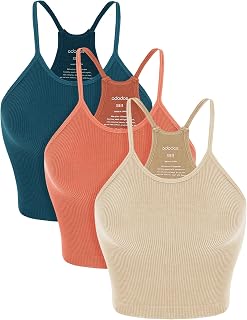 ODODOS Women's Crop 3-Pack Seamless Rib-Knit Camisole Crop Tank Tops