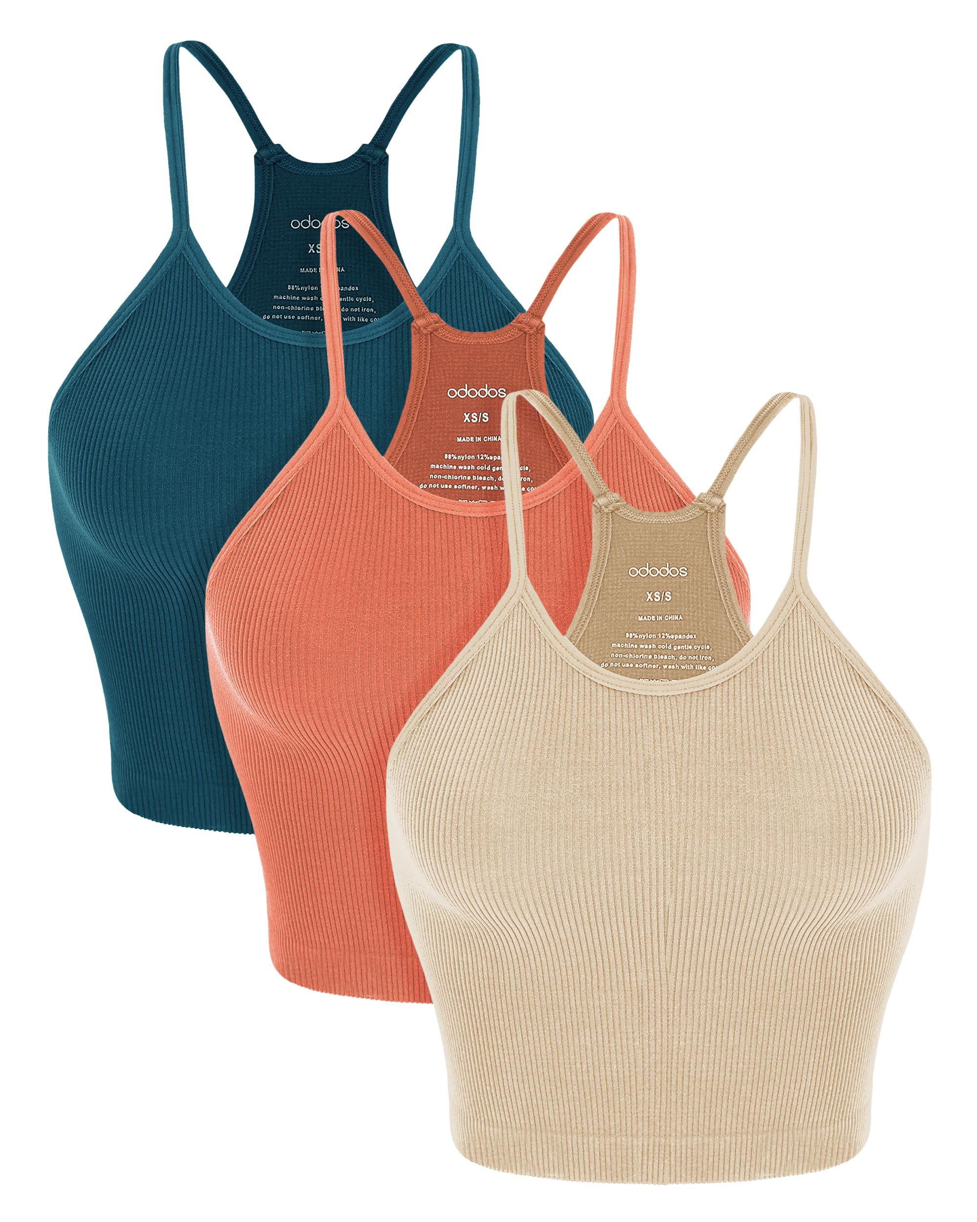 ODODOS Women's Crop 3-Pack Seamless Rib-Knit Camisole Crop Tank Tops