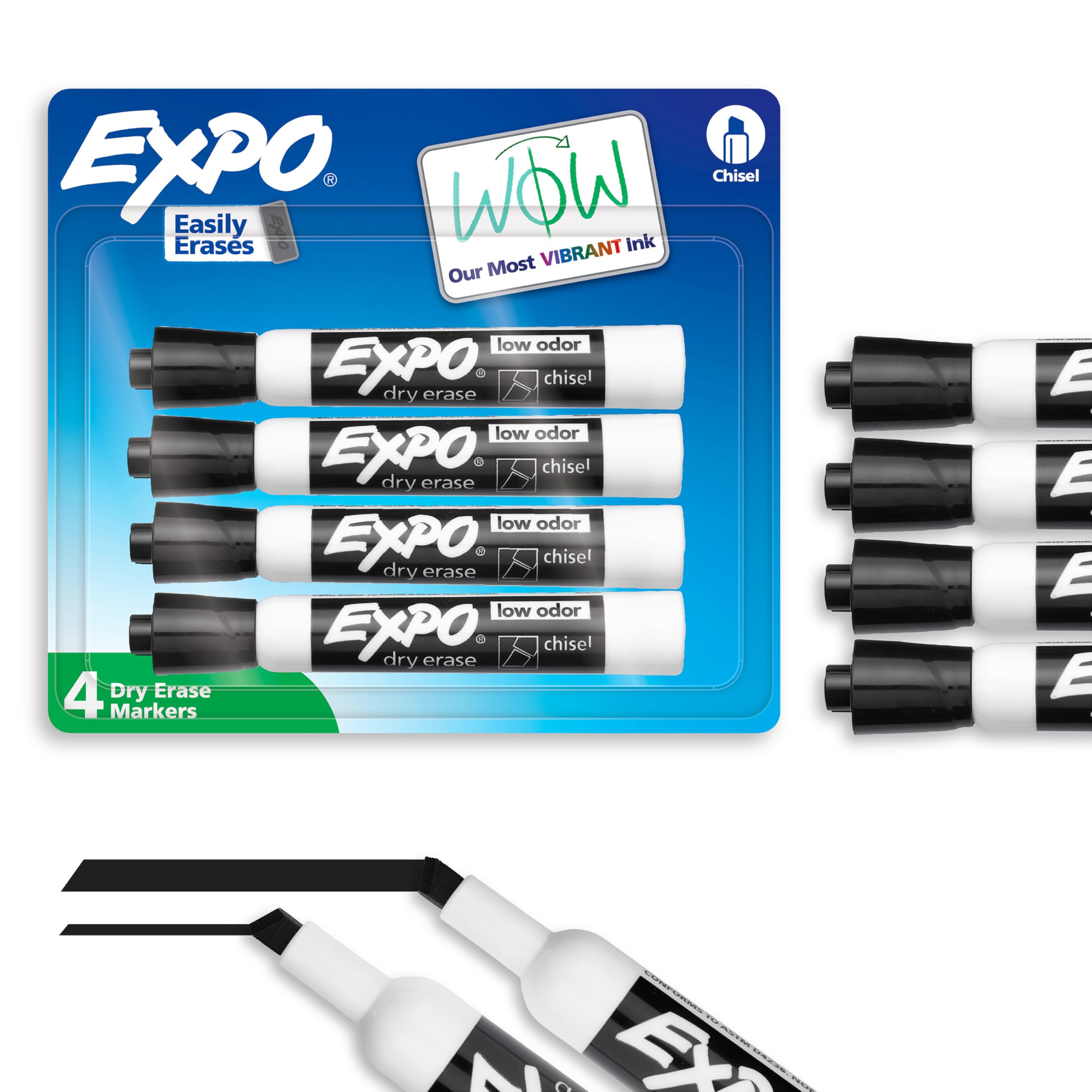 EXPO Dry Erase Markers, Low Odor Ink, Black, Chisel Tip, 4 Count - Whiteboard, C
