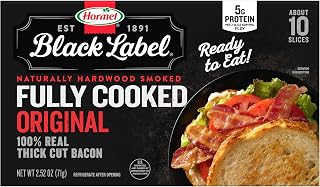 HORMEL BLACK LABEL Fully Cooked Bacon, Thick Cut Bacon, 2.5oz | Precooked Bacon, Shelf Stable. 5g Protein (9%DV). Gluten-free, Keto Snacks. Perfect for a Quick Meal - Breakfast, Sandwiches