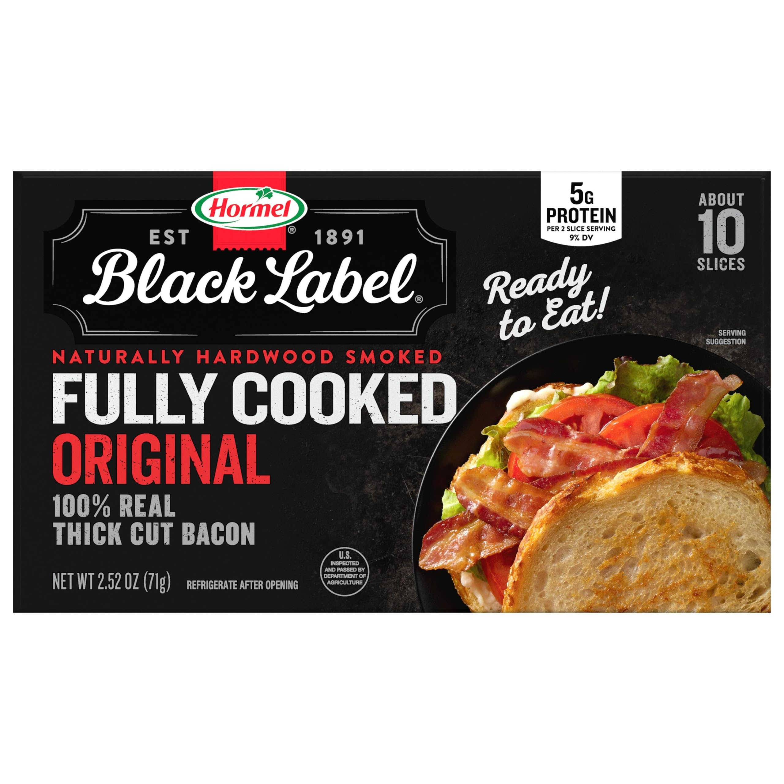 HORMEL BLACK LABEL Fully Cooked Bacon, Thick Cut Bacon, 2.5oz | Precooked Bacon,