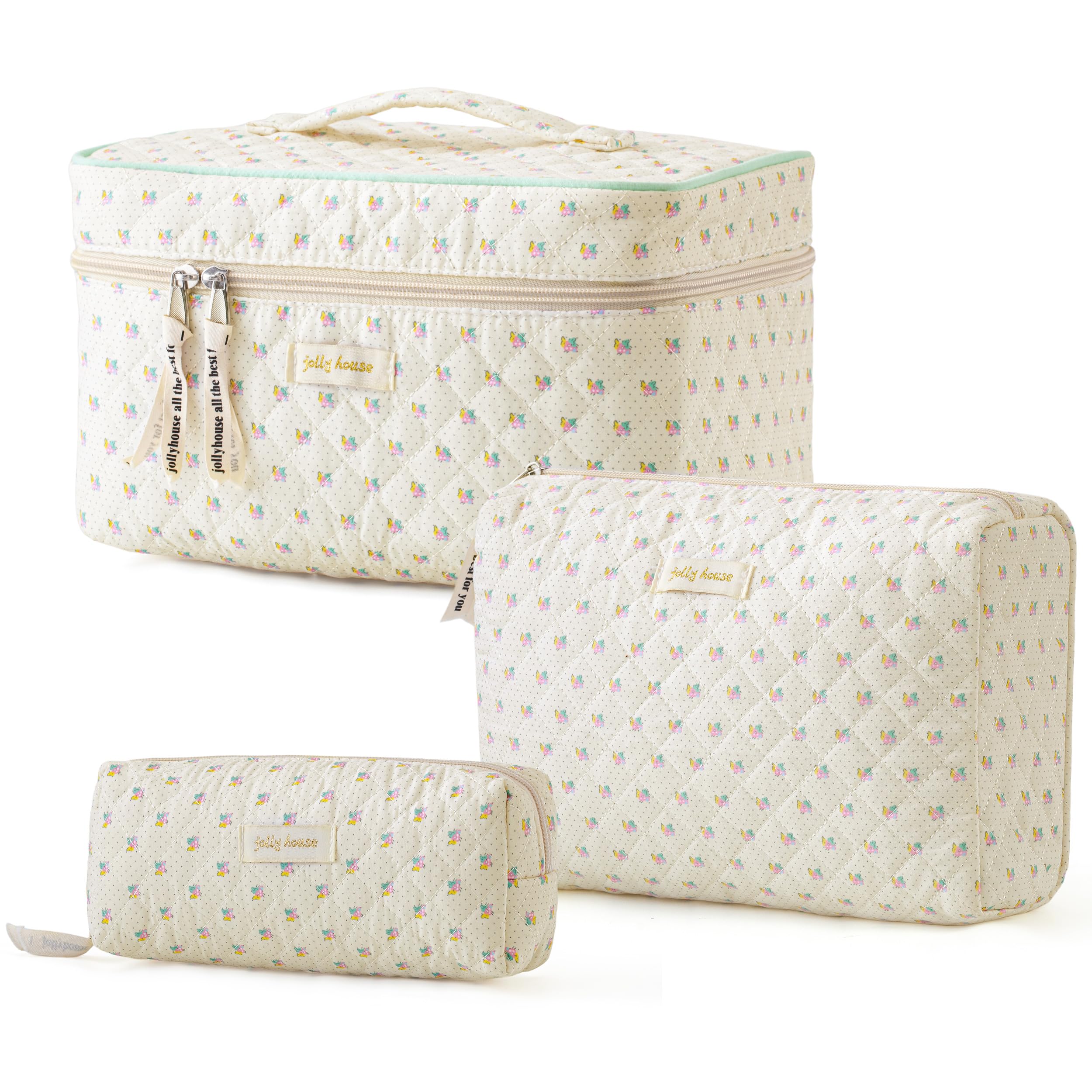 HBselect Quilted Makeup Bag, 3Pcs Cotton Large Travel Makeup Bags Organizer | Cu