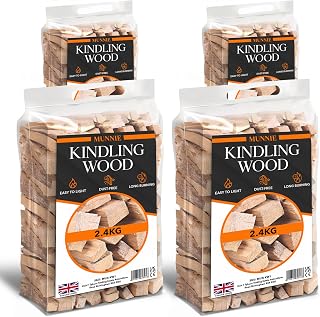 Munnie Kindling Wood 4 Pack x 2.4KG (9.6KG) – Premium Kiln-Dried Firewood for Wood Burners, Fire Pits, BBQs & Pizza Ovens – Easy to Light, Smokeless, Long-Lasting Fire Logs – Low Moisture & Clean Burn