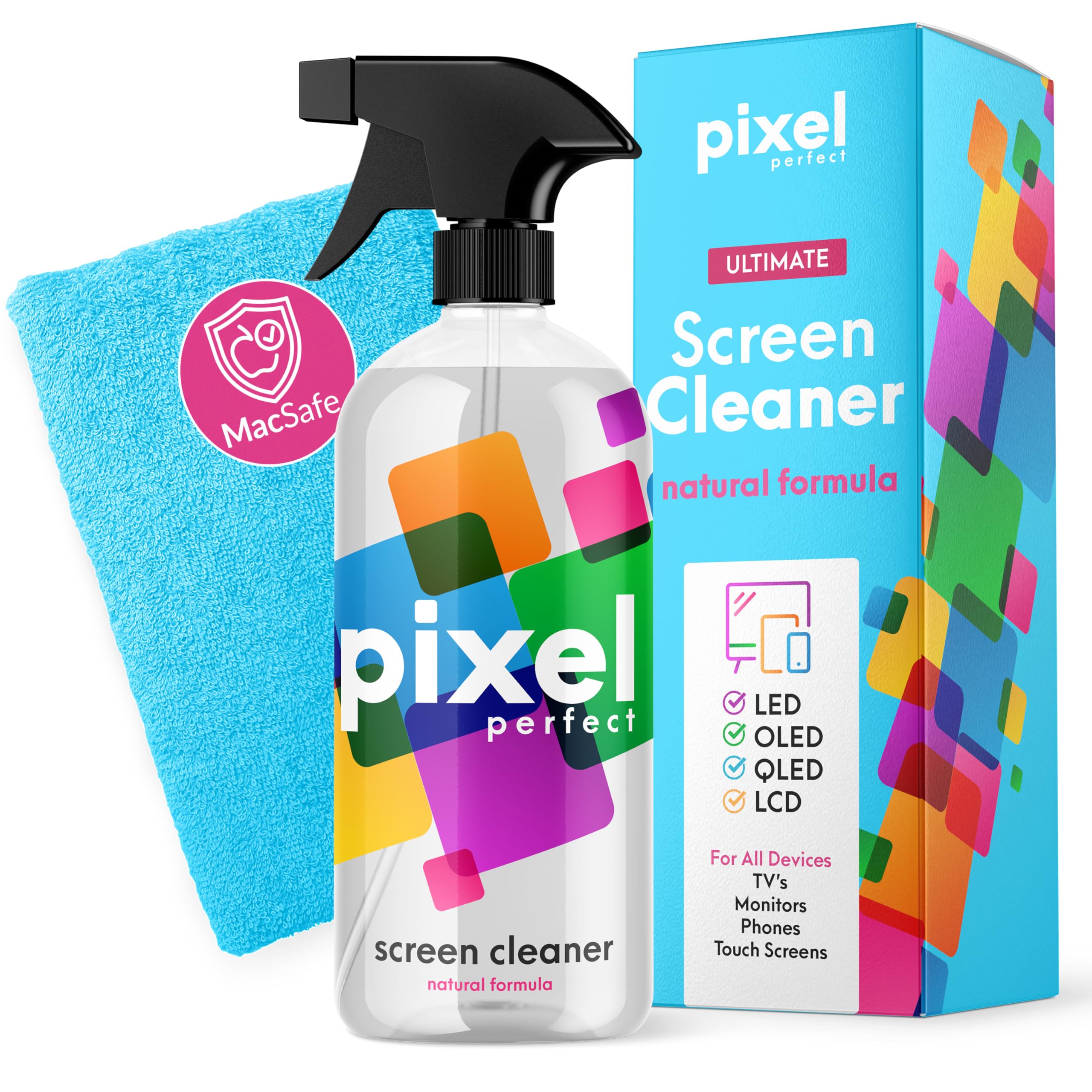 Pixel 500ml Screen Cleaner Spray & Microfiber Cloth Kit for LED, OLED, QLED, LCD