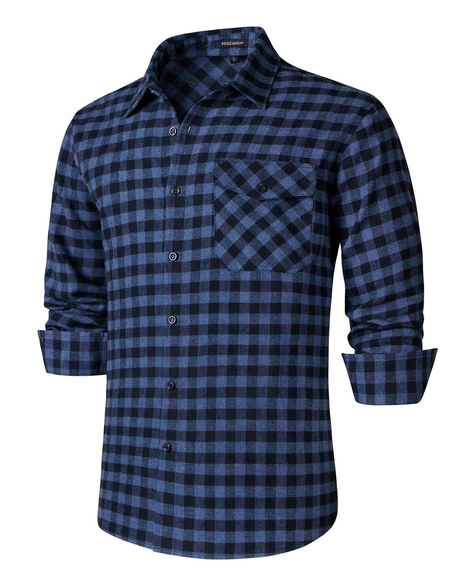 HISDERN Men's Long Sleeve Plaid Shirt Casual Plaid Flannel Shirts with 2 Pockets