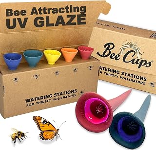 Bee Cups 5 Pack, Bee Watering Station, Handmade Ceramic, Bee and Butterfly Feeder for Garden, Pollinator Water Dish, Outdoor Feeders, Gifts for Gardeners, Plastic Free (5, Bold Variety)