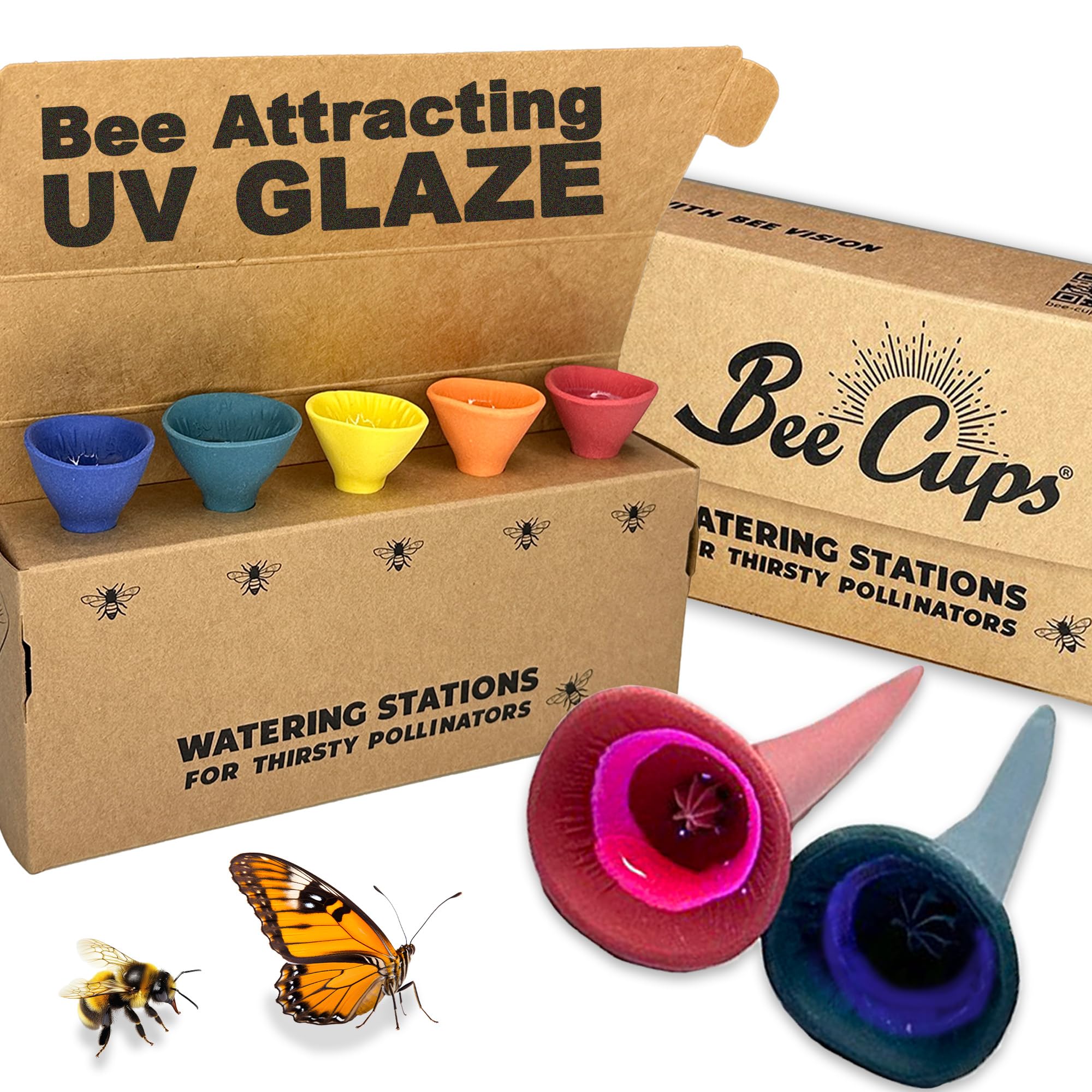 Bee Cups 5 Pack, Bee Watering Station, Handmade Ceramic, Bee and Butterfly Feede