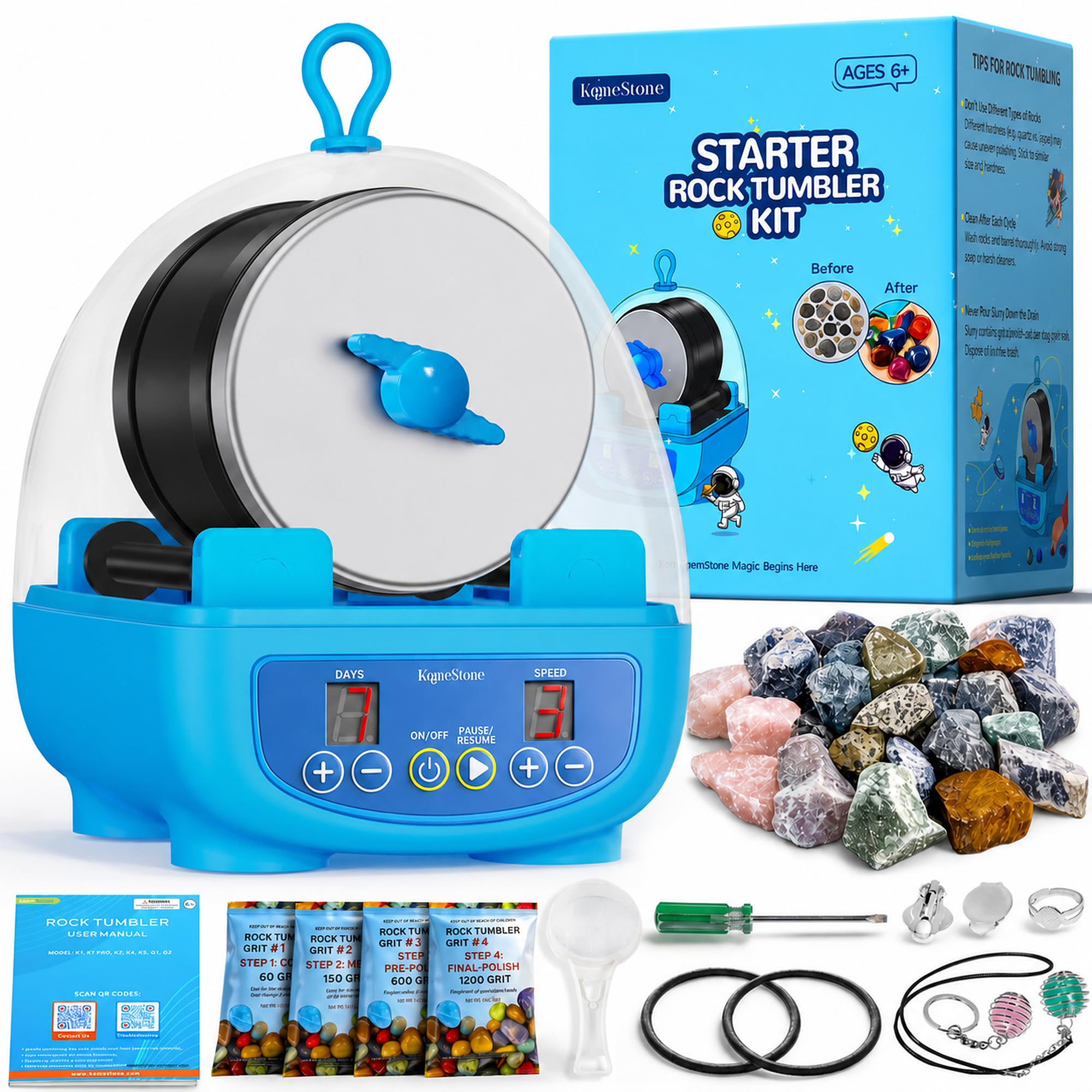 KomeStone K5 Rock Tumbler Kit for Kids & Beginners, Quiet Rock Polisher | Up to 