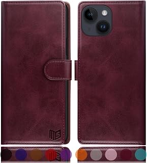 SUANPOT Design for iPhone 15 6.1" Kickstand Protective Wallet case with RFID Credit Card Holder,Flip Folio Book PU Leather Shockproof Cover Women Men for Apple 15 Phone case Wine Red