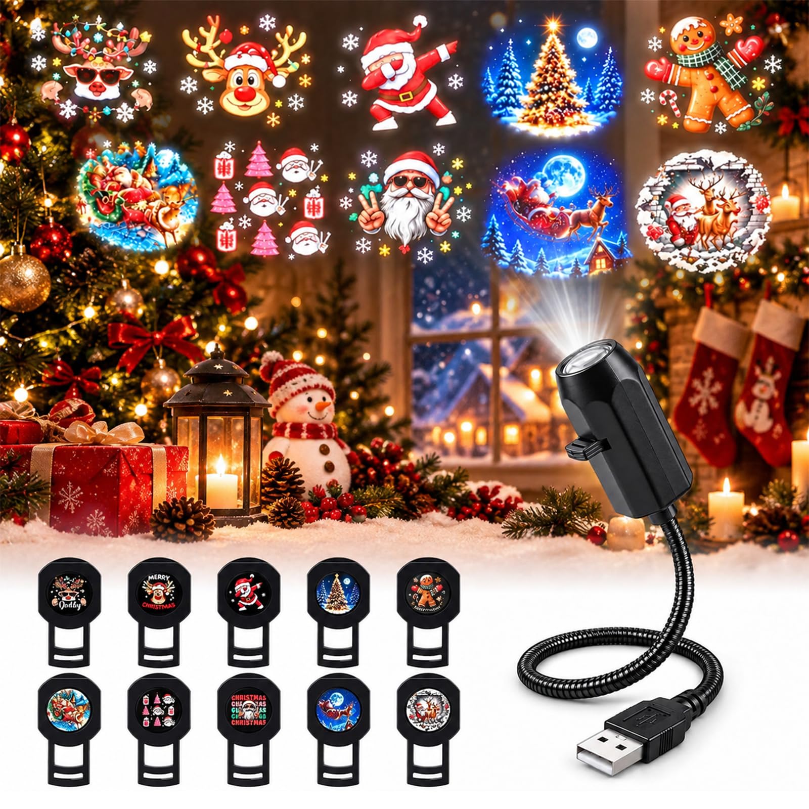 2027 New Plug and Play Hd Christmas Projector Indoor, 360°Adjustable Christmas S