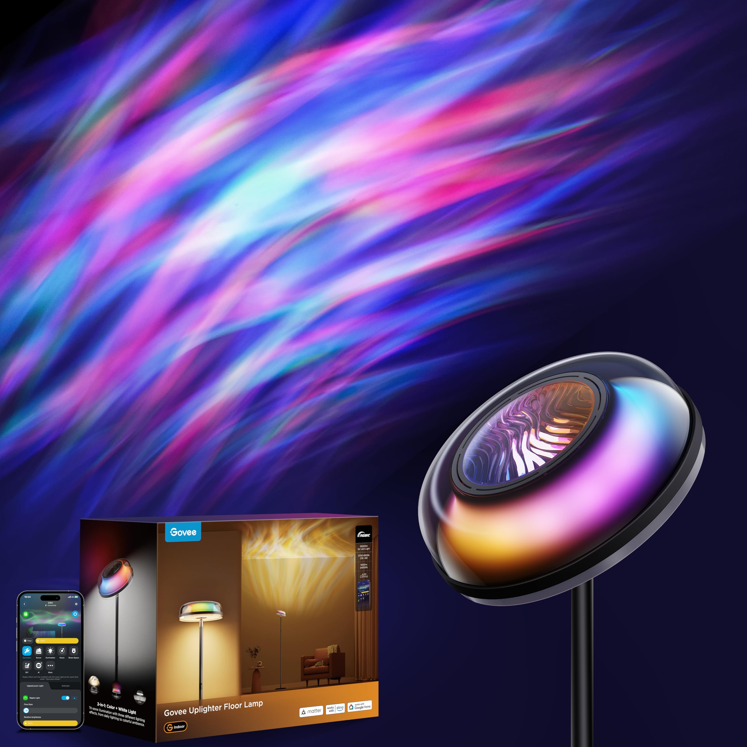 Govee Uplighter Floor Lamp for Living Room, RGBIC Ripple Projector | Compatible 