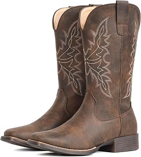 IUV Cowboy Boots for Women Square Toe Western Cowgirl Mid Calf Pull On Boot