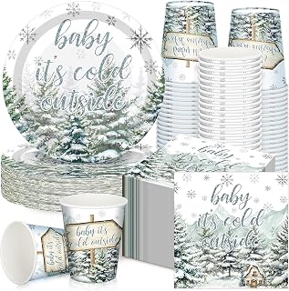 Hushee 200 Pcs Cold Outside Baby Shower Party Supplies Xmas Tableware Set