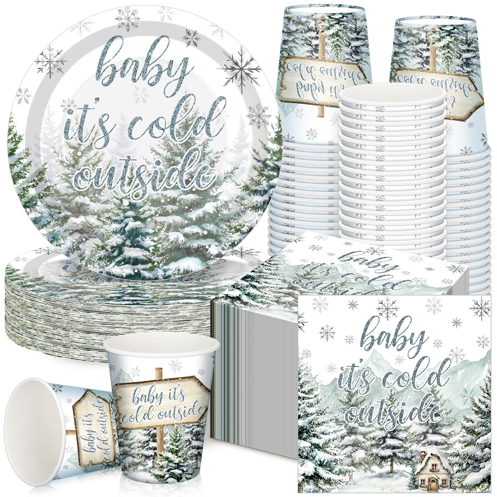 Hushee 200 Pcs Cold Outside Baby Shower Party Supplies Xmas Tableware Set